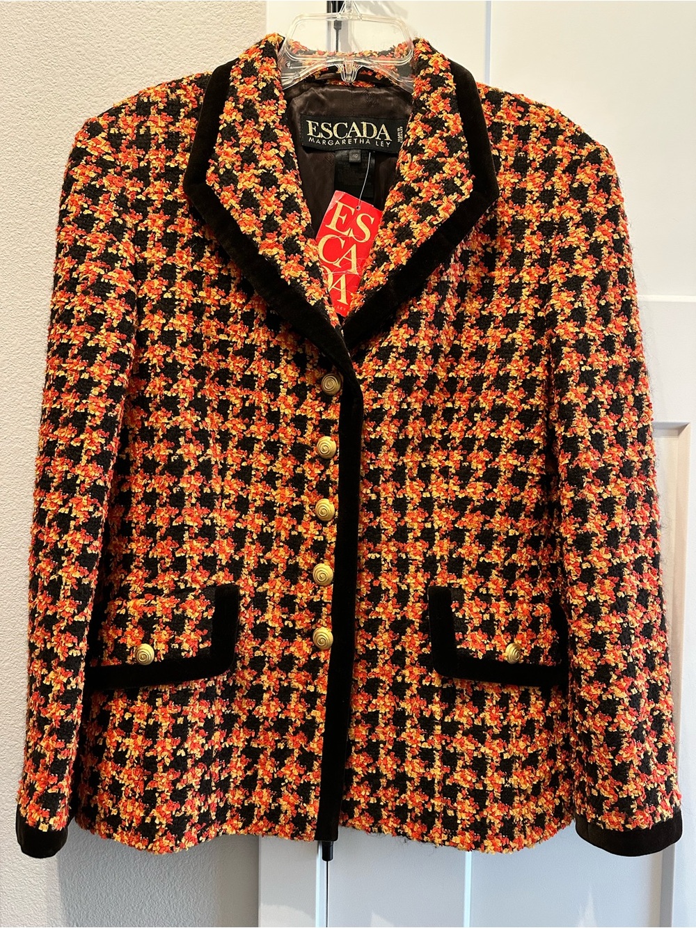 Escada Orange, Black & Gold Tweed Blazer new with tags size 8.